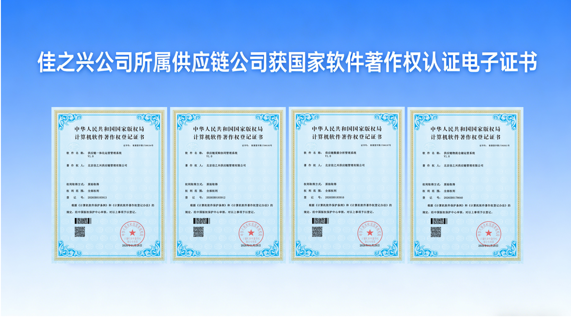 佳之兴公司所属供应链公司获国家软件著作权认证电子证书